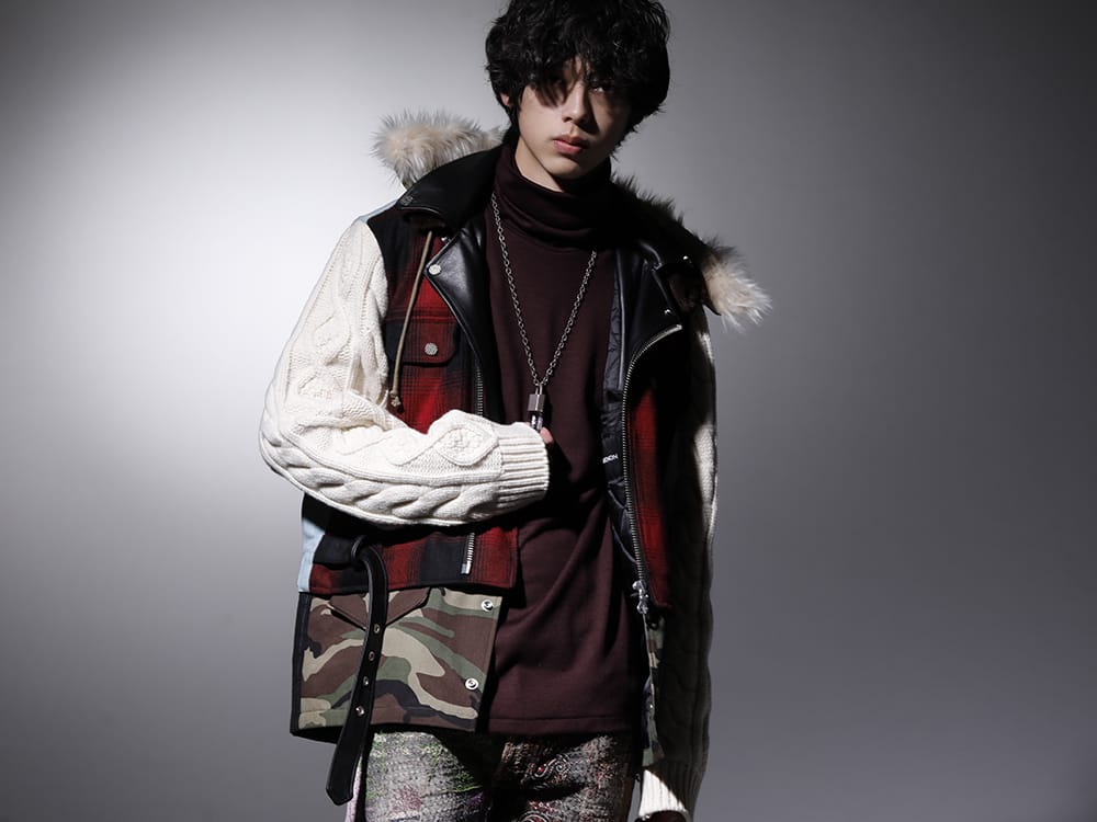 フェノメノン / ガラアーベント / パーツ オブ フォー 2022-23AW - 複数素材を1着に落とし込んだ贅沢なジャケット - ILLJK22A-008(ミックスジャケット) 87320705-Bordeaux-22AW(2/48 ミルドウオッシャブル天竺 タートルネックプルオーバー ボルドー) R-198-MA+BAQ(Talisman necklace SPECIMEN Brandberg Amethyst Quartz) - 2-001