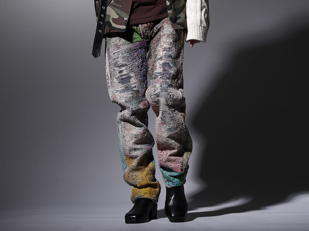 プロレタ リ アート / クジャク 2022-23AW - 圧倒的な加工技術で作り上げる至極のパンツ - UROBOROS-DENIM-JEANS-MULCH-32-22-23AW(BORO デニムパンツ ビーズ付き) KJ-21AW38(キリ ブーツ) - 3-001