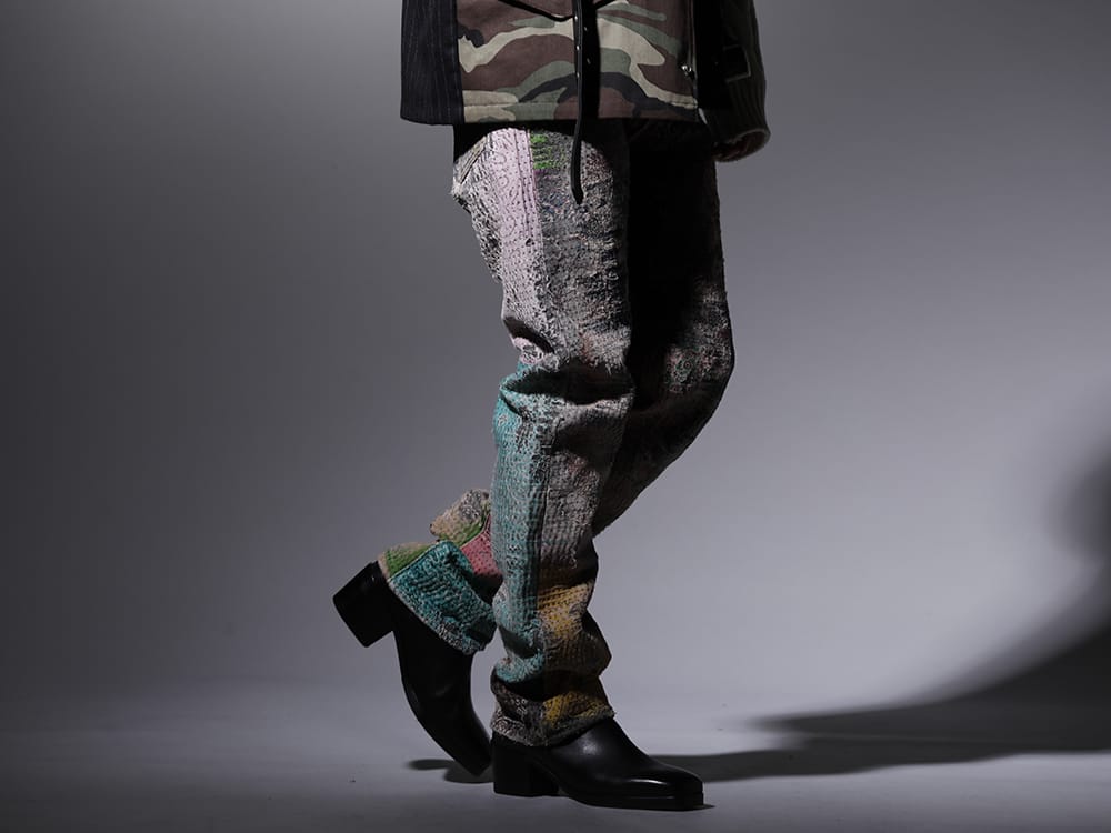 プロレタ リ アート / クジャク 2022-23AW - 圧倒的な加工技術で作り上げる至極のパンツ - UROBOROS-DENIM-JEANS-MULCH-32-22-23AW(BORO デニムパンツ ビーズ付き) KJ-21AW38(キリ ブーツ) - 3-002