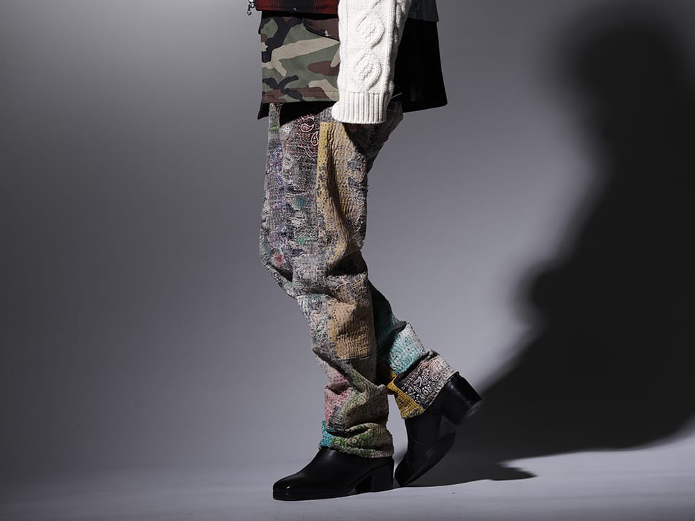 プロレタ リ アート / クジャク 2022-23AW - 圧倒的な加工技術で作り上げる至極のパンツ - UROBOROS-DENIM-JEANS-MULCH-32-22-23AW(BORO デニムパンツ ビーズ付き) KJ-21AW38(キリ ブーツ) - 3-003