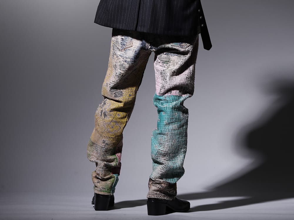 プロレタ リ アート / クジャク 2022-23AW - 圧倒的な加工技術で作り上げる至極のパンツ - UROBOROS-DENIM-JEANS-MULCH-32-22-23AW(BORO デニムパンツ ビーズ付き) KJ-21AW38(キリ ブーツ) - 3-004