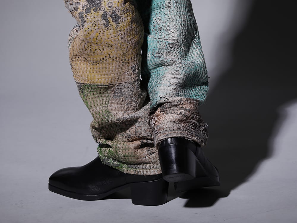 プロレタ リ アート / クジャク 2022-23AW - 圧倒的な加工技術で作り上げる至極のパンツ - UROBOROS-DENIM-JEANS-MULCH-32-22-23AW(BORO デニムパンツ ビーズ付き) KJ-21AW38(キリ ブーツ) - 3-008