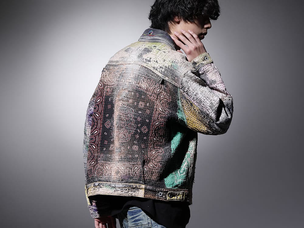 プロレタ リ アート 2022-23AW - BOROを想起させるウェアラブルなアートピースに昇華された、デニムジャケット - UROBOROS-DENIM-JACKET-MULCH-XL-22-23AW(デニムジャケット 2nd タイプ ビーズ付き) - 2-002