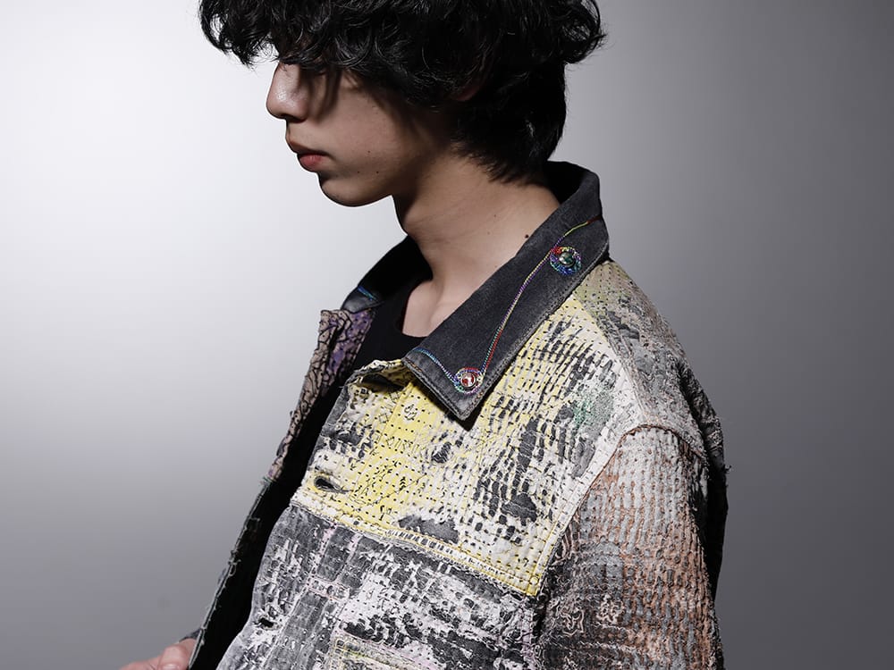 プロレタ リ アート 2022-23AW - BOROを想起させるウェアラブルなアートピースに昇華された、デニムジャケット - UROBOROS-DENIM-JACKET-MULCH-XL-22-23AW(デニムジャケット 2nd タイプ ビーズ付き) - 2-005