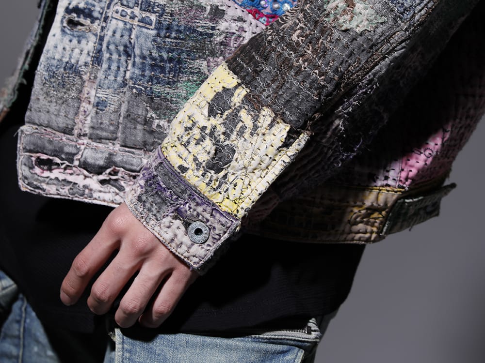 プロレタ リ アート 2022-23AW - BOROを想起させるウェアラブルなアートピースに昇華された、デニムジャケット - UROBOROS-DENIM-JACKET-MULCH-XL-22-23AW(デニムジャケット 2nd タイプ ビーズ付き) - 2-009