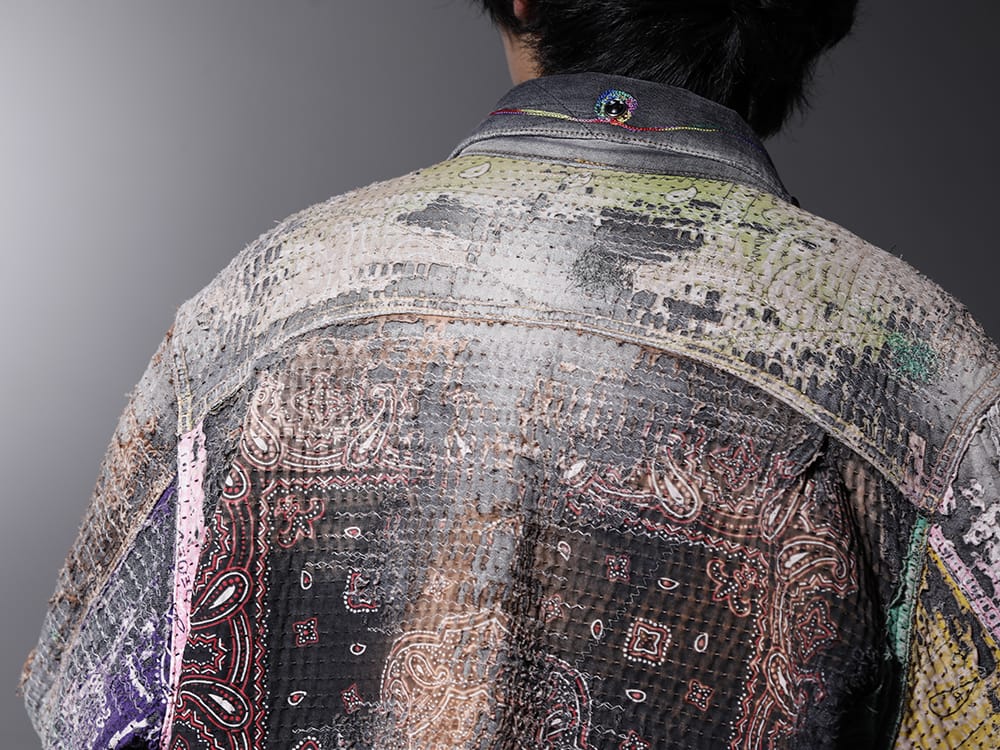 プロレタ リ アート 2022-23AW - BOROを想起させるウェアラブルなアートピースに昇華された、デニムジャケット - UROBOROS-DENIM-JACKET-MULCH-XL-22-23AW(デニムジャケット 2nd タイプ ビーズ付き) - 2-010