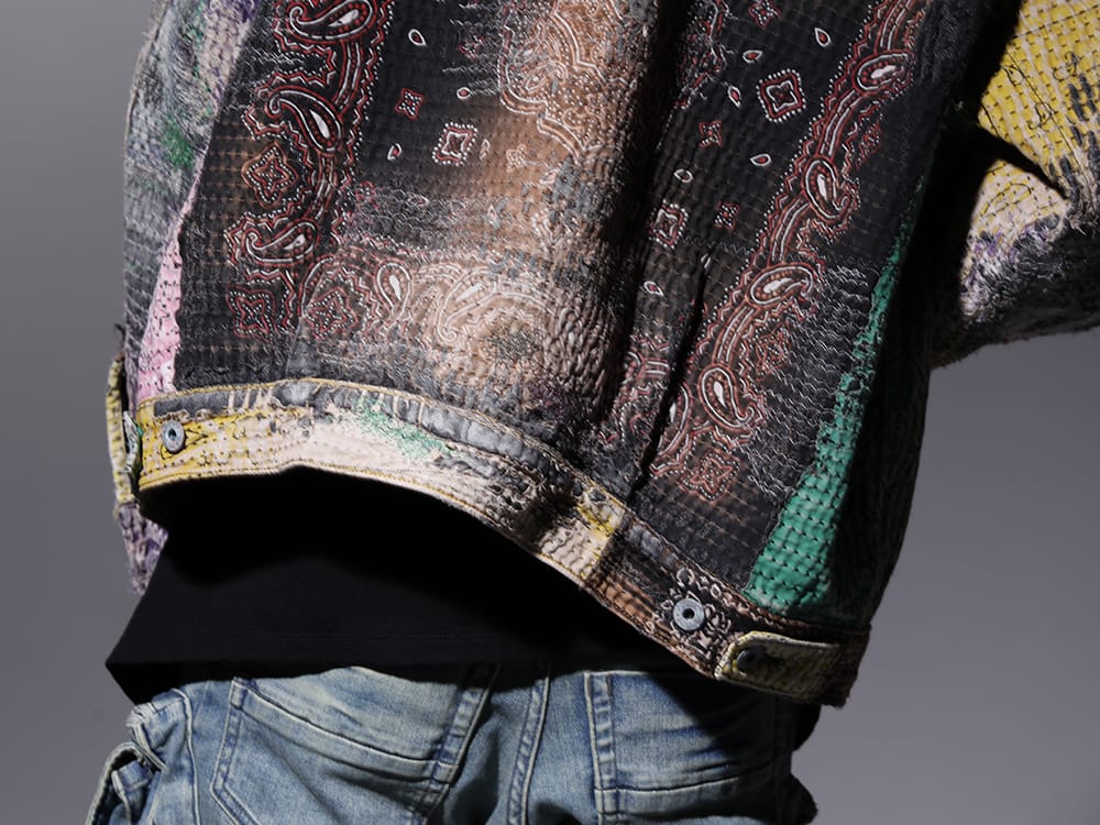 プロレタ リ アート 2022-23AW - BOROを想起させるウェアラブルなアートピースに昇華された、デニムジャケット - UROBOROS-DENIM-JACKET-MULCH-XL-22-23AW(デニムジャケット 2nd タイプ ビーズ付き) - 2-011