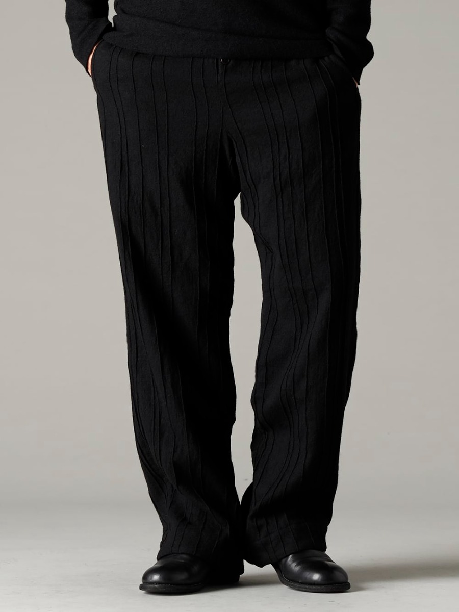 NOUSAN(ノウザン) 22-23AW 同生地のブラックセットアップスタイルで - linea-preatwool プリーツド ウール ワイド パンツ - 788Z_H バックジップブーツ ダブルソール - ホース フルグレイン レザー 3-004