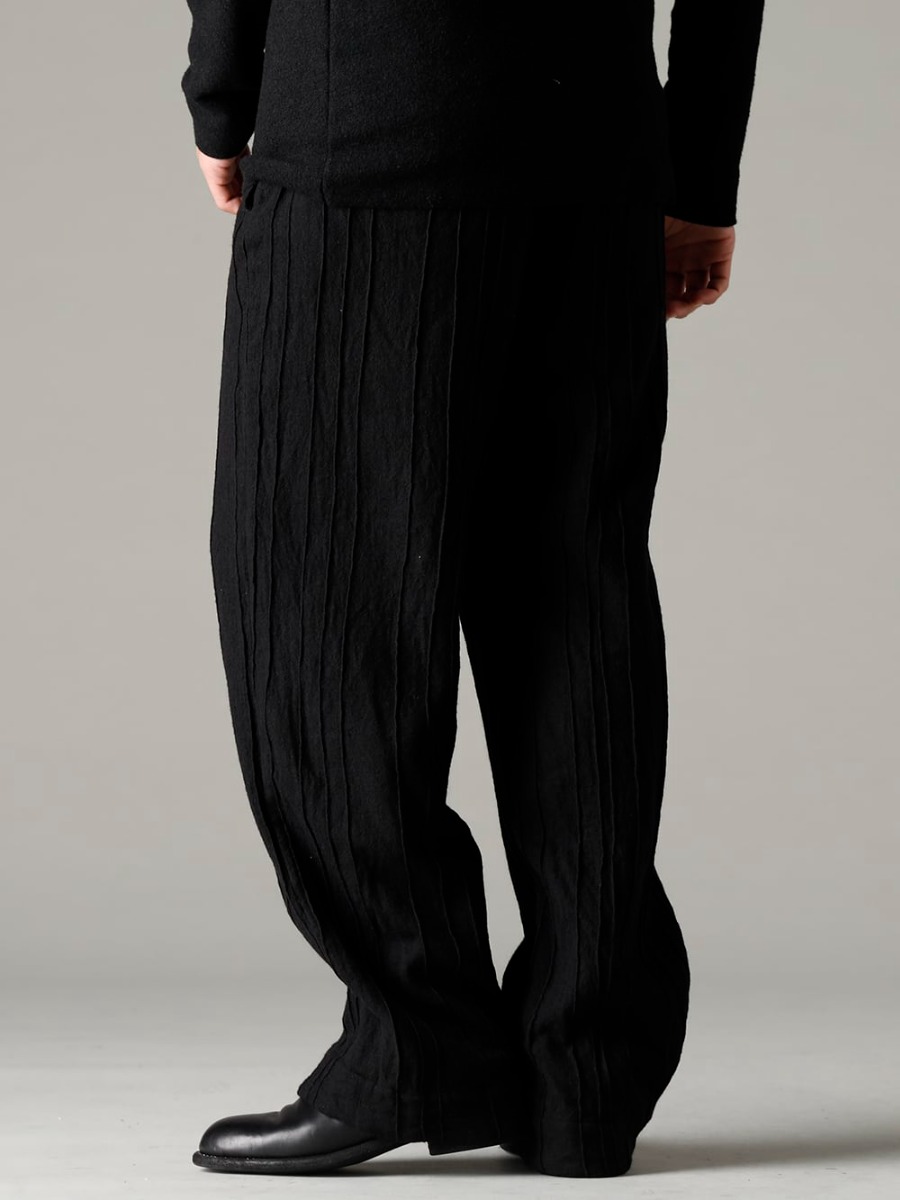 NOUSAN(ノウザン) 22-23AW 同生地のブラックセットアップスタイルで - linea-preatwool プリーツド ウール ワイド パンツ - 788Z_H バックジップブーツ ダブルソール - ホース フルグレイン レザー 3-005