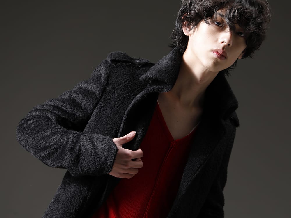 kiryuyrik 2022-23AW - An alpaca blend jacket that works in a timely manner - KOKO-HJ29-105-black(Alpaca Shaggy Single Napoleon Jacket Black) KO-HT13-057(Python Jacquard Jersey Velvet Tape V-Neck) - 2-004