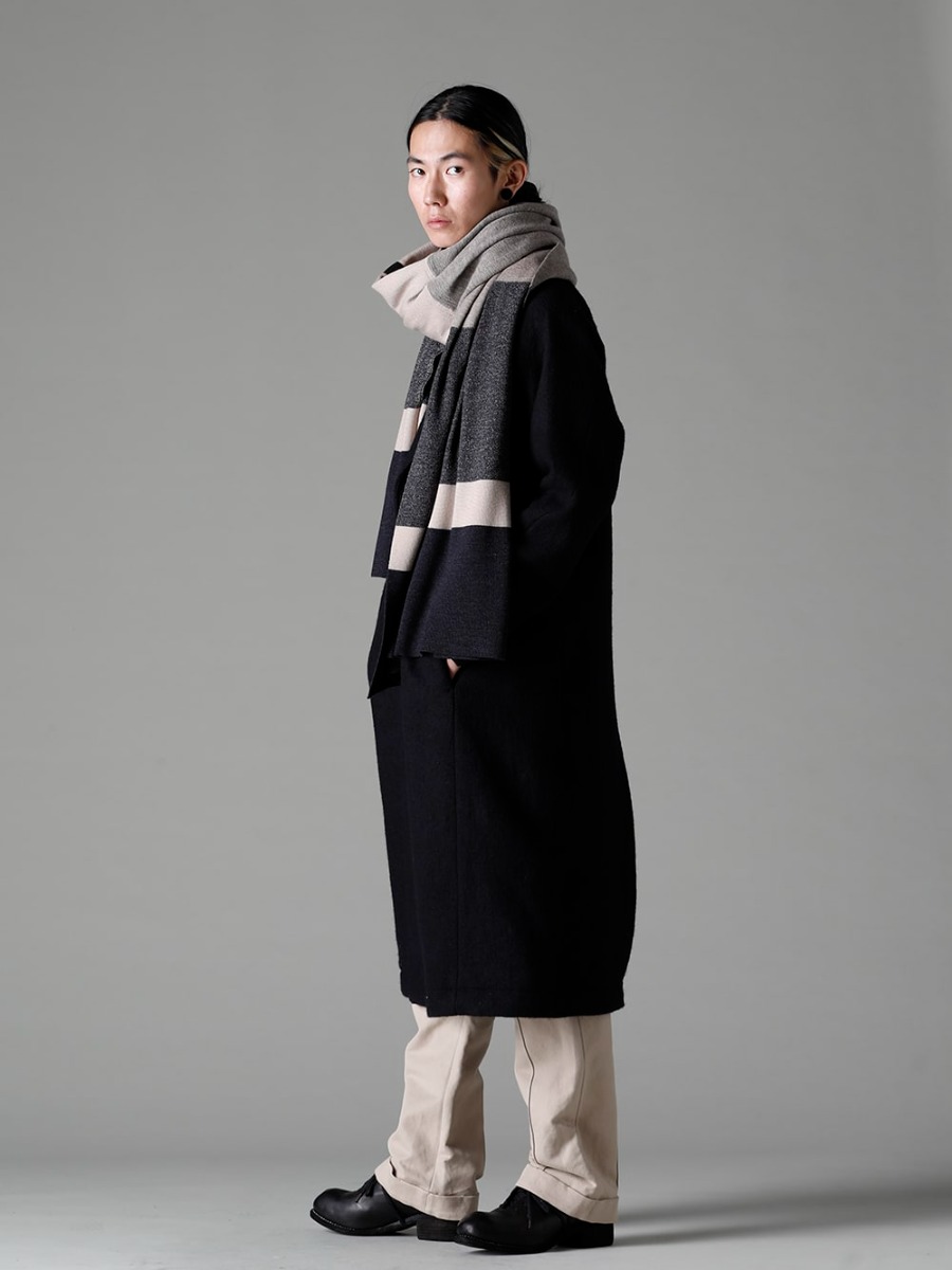 DEVOA 22-23AW styling Casual long coat with chic image - CTI-WYGCoat Wool Milling CSC-K405F-Dark-Chocolate FASCINATE Special Order Supima Cotton Jersey High Neck Long Sleeve Tshirt Dark Chocolate / PTN-SOK-Light-Beige Skater Pants Cotton / Linen Light Beige / KAC-ABA Jacquard Stole Merino Wool / PL10L-BLKT Orthopedic Derby Shoes Horse Full Grain Leather - PL10L 1-001