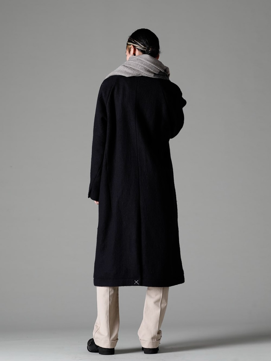 DEVOA 22-23AW styling Casual long coat with chic image - CTI-WYGCoat Wool Milling CSC-K405F-Dark-Chocolate FASCINATE Special Order Supima Cotton Jersey High Neck Long Sleeve Tshirt Dark Chocolate / PTN-SOK-Light-Beige Skater Pants Cotton / Linen Light Beige / KAC-ABA Jacquard Stole Merino Wool / PL10L-BLKT Orthopedic Derby Shoes Horse Full Grain Leather - PL10L 1-002