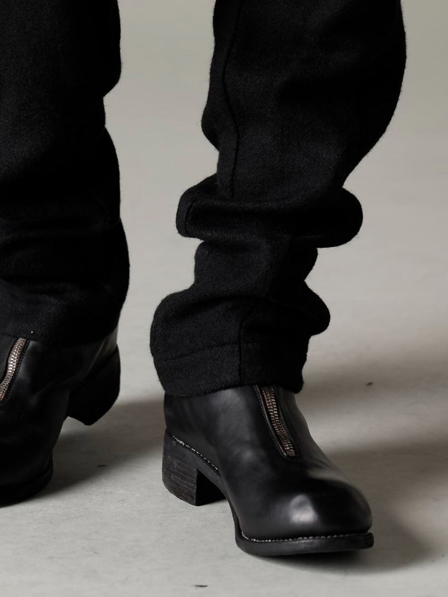 DEVOA 22-23AW Fabric selection - PTN-GRE Easy pants brushed cashgora linen - PL1 Front Zip Boots Double Sole - Horse Full Grain Leather 3-004