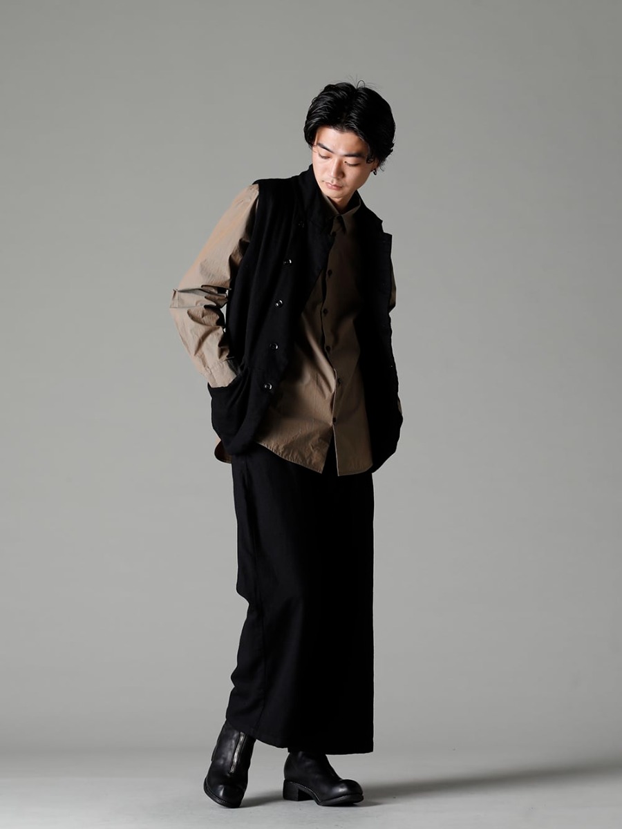 GARMENT REPRODUCTION OF WORKERS(ガーメント リプロダクション オブ ワーカース) 22-23AW(秋冬)  怪しげな光沢がウールベストにスパイスを効かせる - Vincent-Vest-Wool-Black ビンセント ベスト ウール ブラック - Shirt-a-Tamamushi 玉虫 シャツ - Bretagne-pants-Long-Wool-Black ブルターニュ パンツ ロング ウール ブラック - 988X バックジップミドルブーツ - ホースフルグレインレザー - 988X 1-001