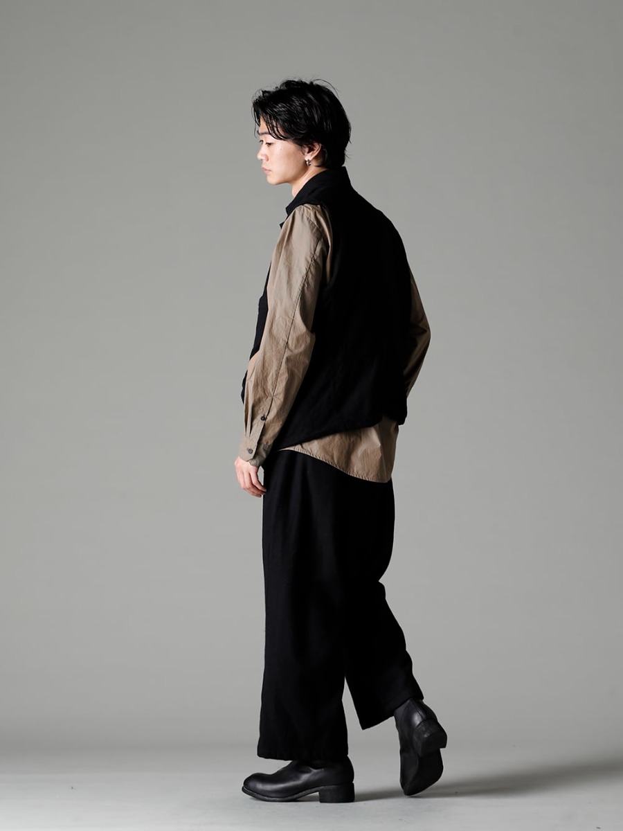 GARMENT REPRODUCTION OF WORKERS(ガーメント リプロダクション オブ ワーカース) 22-23AW(秋冬)  怪しげな光沢がウールベストにスパイスを効かせる - Vincent-Vest-Wool-Black ビンセント ベスト ウール ブラック - Shirt-a-Tamamushi 玉虫 シャツ - Bretagne-pants-Long-Wool-Black ブルターニュ パンツ ロング ウール ブラック - 988X バックジップミドルブーツ - ホースフルグレインレザー - 988X 1-002