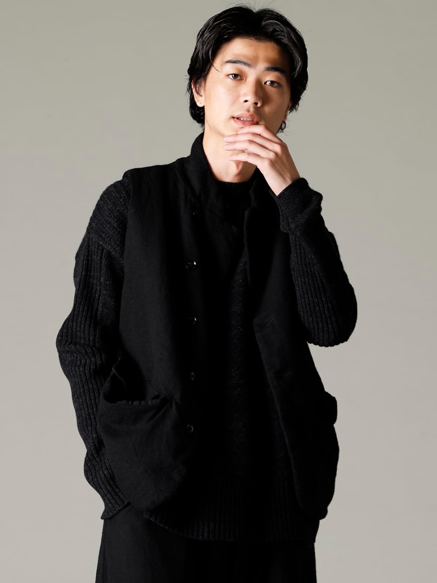 GARMENT REPRODUCTION OF WORKERS(ガーメント リプロダクション オブ ワーカース) 22-23AW(秋冬) 手編み調の織り柄が絶妙なアクセントに  - Vincent-Vest-Wool-Black ビンセント ベスト ウール ブラック - 22C-69PO-TRANSIT-Shadow テク コンバージョン リラックス フィット 7G ニット シャドー - Bretagne-pants-Long-Wool-Black ブルターニュ パンツ ロング ウール ブラック - 988X バックジップミドルブーツ - ホースフルグレインレザー - 988X 2-002