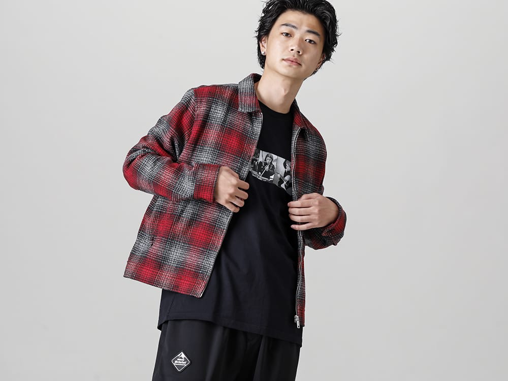 MINEDENIM - マインデニム 2022-23AW 膨らみのあるウール調の糸を空気を含んで柔らかく織り上げたオリジナルフランネルチェック生地を使用したZIPブルゾン。 程よく存在感のあるアイテムでシューズとのバランスを意識 -  2210-8001 - 杢撚糸 Vチェック フランネル ジップアップ ブルゾン - MND-NV008-Black - Nirvana ML Photo Tee Black