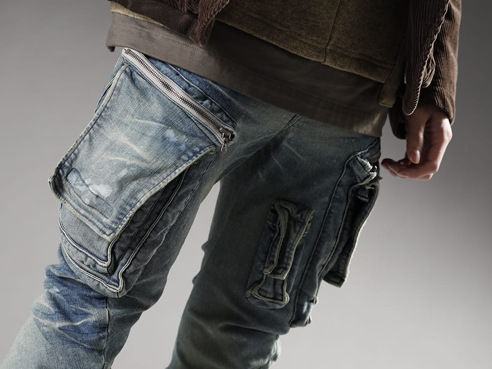 ユリウス 2022-23AW - ブランドでも高く人気の誇るカーゴパンツ - 807PAM6-ID(10.5oz ストレッチデニム ダメージペイント カーゴスキニーデニム インディゴ) - 3-004