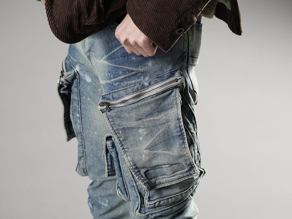 ユリウス 2022-23AW - ブランドでも高く人気の誇るカーゴパンツ - 807PAM6-ID(10.5oz ストレッチデニム ダメージペイント カーゴスキニーデニム インディゴ) - 3-005