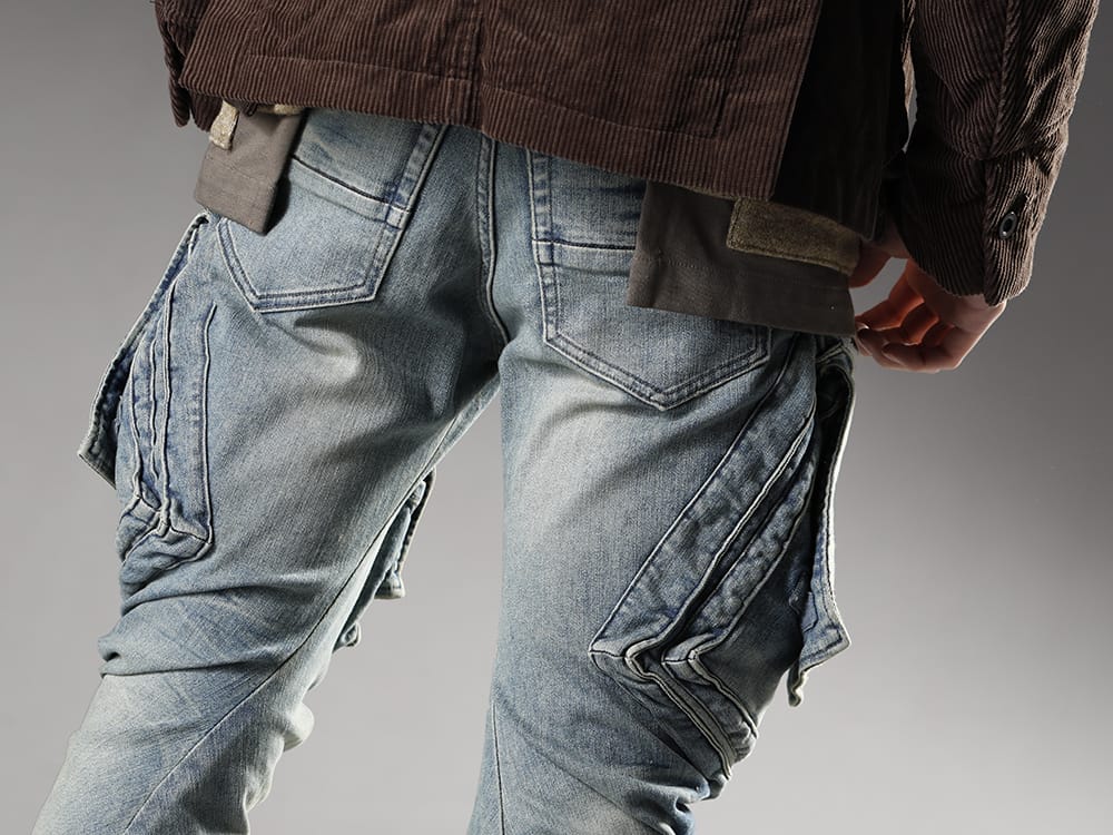 ユリウス 2022-23AW - ブランドでも高く人気の誇るカーゴパンツ - 807PAM6-ID(10.5oz ストレッチデニム ダメージペイント カーゴスキニーデニム インディゴ) - 3-006