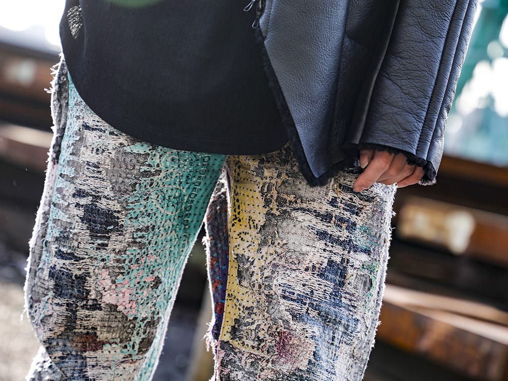 PROLETA RE ART 2022-23AW - A supreme one-of-a-kind item that has been carefully crafted with overwhelming processing techniques. - UROBOROS-DENIM-JEANS-MULCH-30-22-23AW(BORO Denim Pants with Beads) - 3-004