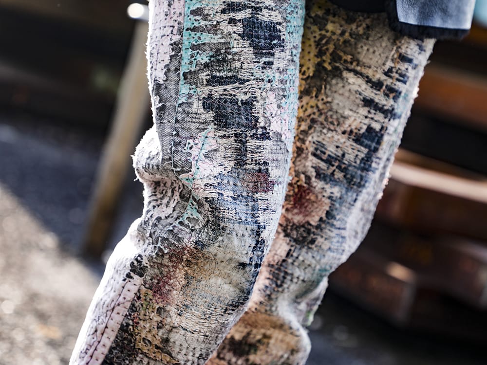 PROLETA RE ART 2022-23AW - A supreme one-of-a-kind item that has been carefully crafted with overwhelming processing techniques. - UROBOROS-DENIM-JEANS-MULCH-30-22-23AW(BORO Denim Pants with Beads) - 3-005