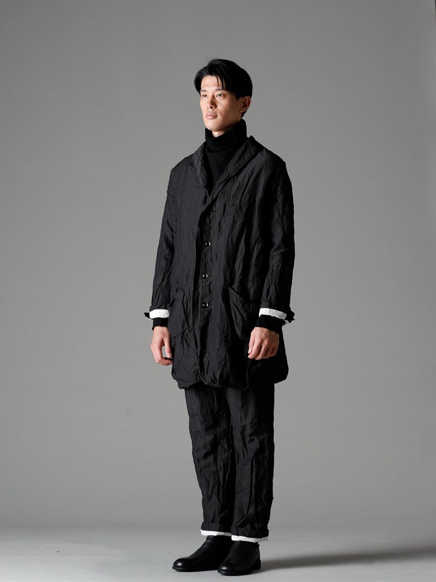 GARMENT REPRODUCTION OF WORKERS 22-23AW  The woolen linen gives it a unique texture - Arthur-Coat-Gray-Stripe Arthur Coat Gray Stripe - TTW-wn Wool Bottle Neck Knit Black - Farmers-Trousers-Gray-Stripe Farmers Trousers Gray Stripe - 988X Back Zip Mid Boots - Horse Full Grain Leather - 988X 1-001