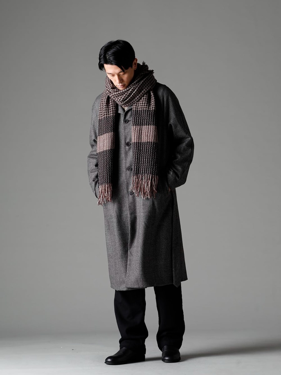 NOUSAN 22-23AW  The hound's tooth fabric is eye-catching -  fred-c Houndstooth Lagran Long Coat - Shirt-a-Tamamushi Tamamushi Shirts - Farmers-Trousers-Wool-Black Farmers Trousers Wool Black - 988X Back Zip Mid Boots - Horse Full Grain Leather - 988X - 988X - HX100-PLLW Poll Scarf 1-001