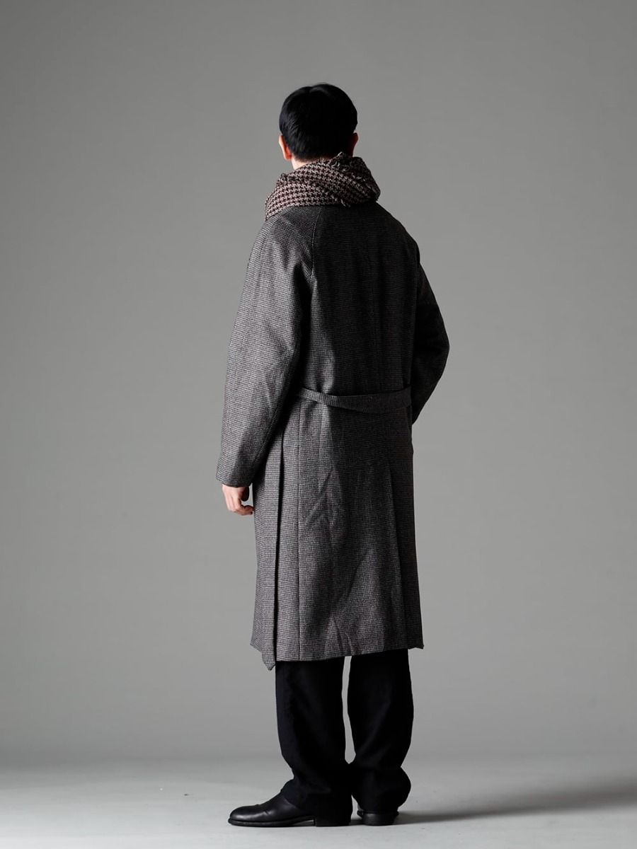 NOUSAN 22-23AW  The hound's tooth fabric is eye-catching -  fred-c Houndstooth Lagran Long Coat - Shirt-a-Tamamushi Tamamushi Shirts - Farmers-Trousers-Wool-Black Farmers Trousers Wool Black - 988X Back Zip Mid Boots - Horse Full Grain Leather - 988X - 988X - HX100-PLLW Poll Scarf 1-003