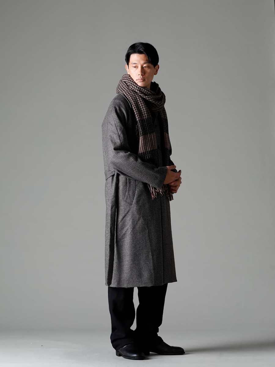 NOUSAN 22-23AW  The hound's tooth fabric is eye-catching -  fred-c Houndstooth Lagran Long Coat - Shirt-a-Tamamushi Tamamushi Shirts - Farmers-Trousers-Wool-Black Farmers Trousers Wool Black - 988X Back Zip Mid Boots - Horse Full Grain Leather - 988X - 988X - HX100-PLLW Poll Scarf 1-003