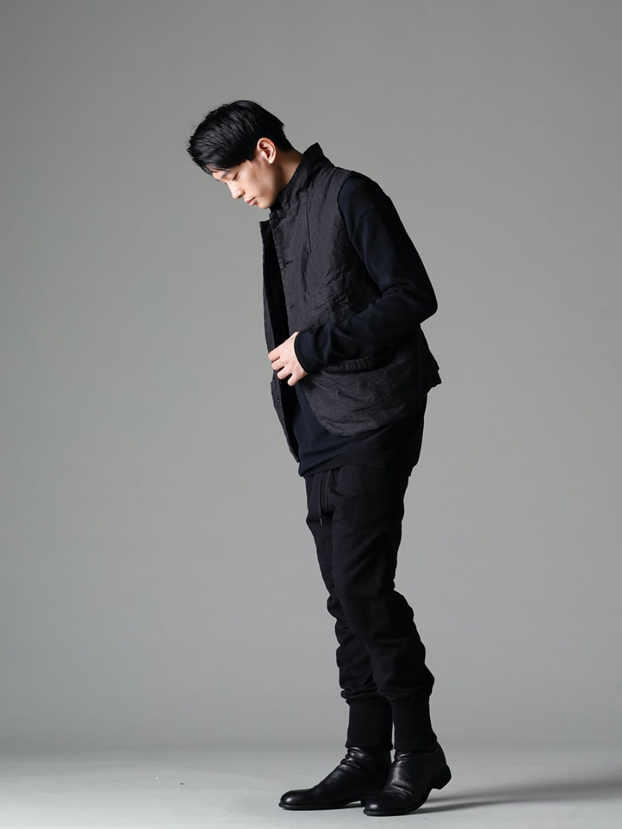 GARMENT REPRODUCTION OF WORKERS(ガーメント リプロダクション オブ ワーカース) 22-23AW(秋冬)  秋冬のコーディネートにベストをプラスで防寒性も - Vincent-Vest-Washi-Black ビンセント ベスト 和紙 ブラック - Quasimodo-Knit-Sew-Black カジモド ニット ソー ブラック - PTN-LSK-Black ジョガー パンツ コットン / リネン ブラック - 988X バックジップミドルブーツ - ホースフルグレインレザー - 988X 1-002