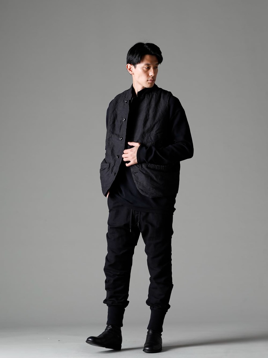 GARMENT REPRODUCTION OF WORKERS(ガーメント リプロダクション オブ ワーカース) 22-23AW(秋冬)  秋冬のコーディネートにベストをプラスで防寒性も - Vincent-Vest-Washi-Black ビンセント ベスト 和紙 ブラック - Quasimodo-Knit-Sew-Black カジモド ニット ソー ブラック - PTN-LSK-Black ジョガー パンツ コットン / リネン ブラック - 988X バックジップミドルブーツ - ホースフルグレインレザー - 988X 1-003