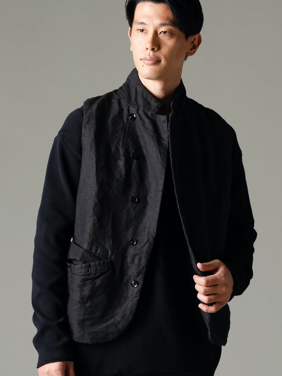 GARMENT REPRODUCTION OF WORKERS(ガーメント リプロダクション オブ ワーカース) 22-23AW(秋冬) 和紙リネンの混紡素材でヴィンテージライクな雰囲気を -  Vincent-Vest-Washi-Black ビンセント ベスト 和紙 ブラック - Quasimodo-Knit-Sew-Black カジモド ニット ソー ブラック