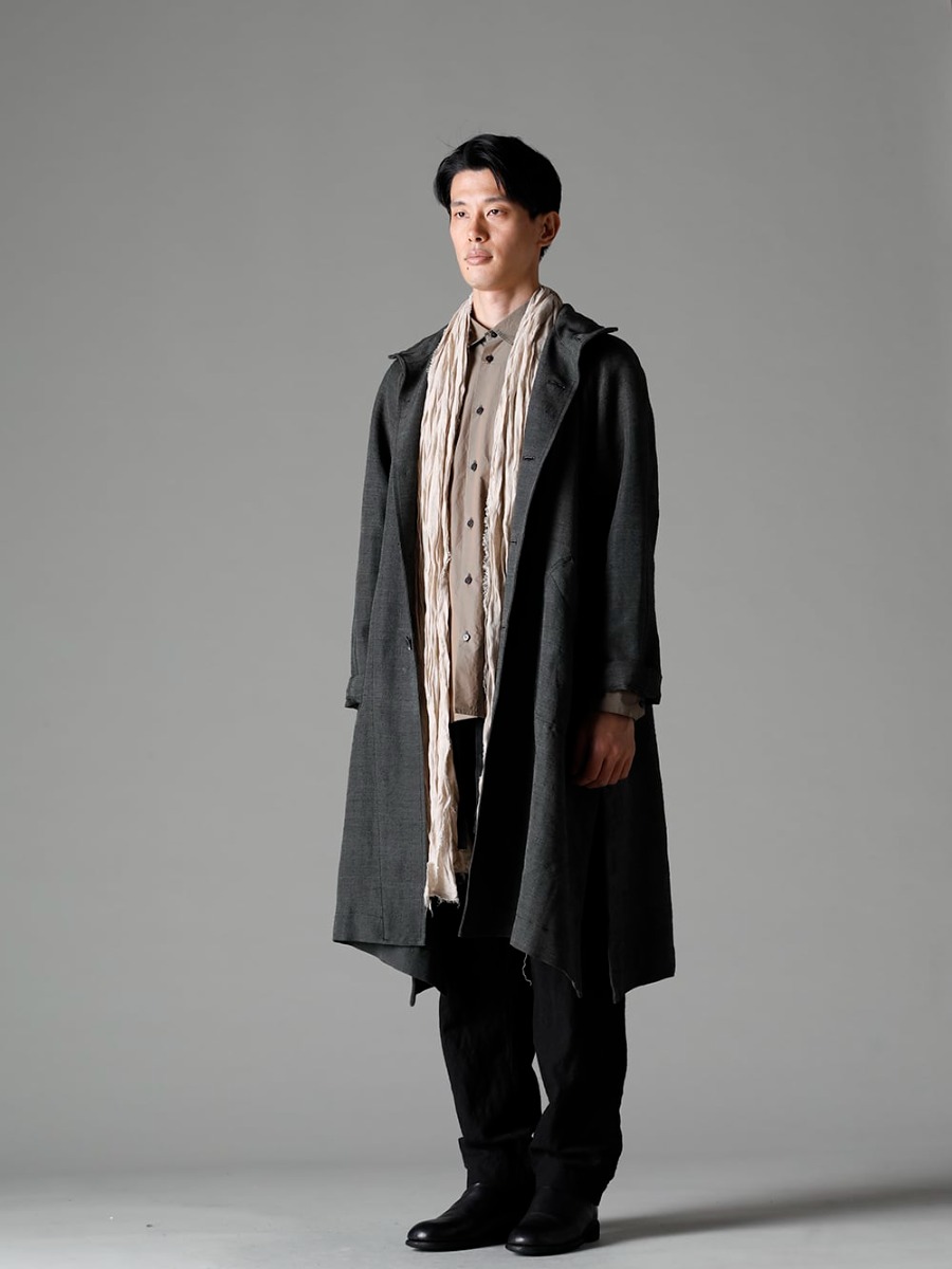 NOUSAN(ノウザン) 22-23AW(秋冬)  寒い季節に活躍間違いなしのコート - plow-heavy-silk ヘビーシルク A-ライン ラグランコート - Shirt-a-Tamamushi 玉虫 シャツ - villa-b-22-23aw ワイド イージー パンツ - 988X バックジップミドルブーツ - ホースフルグレインレザー - 988X - scarf-Beige リネンストール ベージュ 1-001