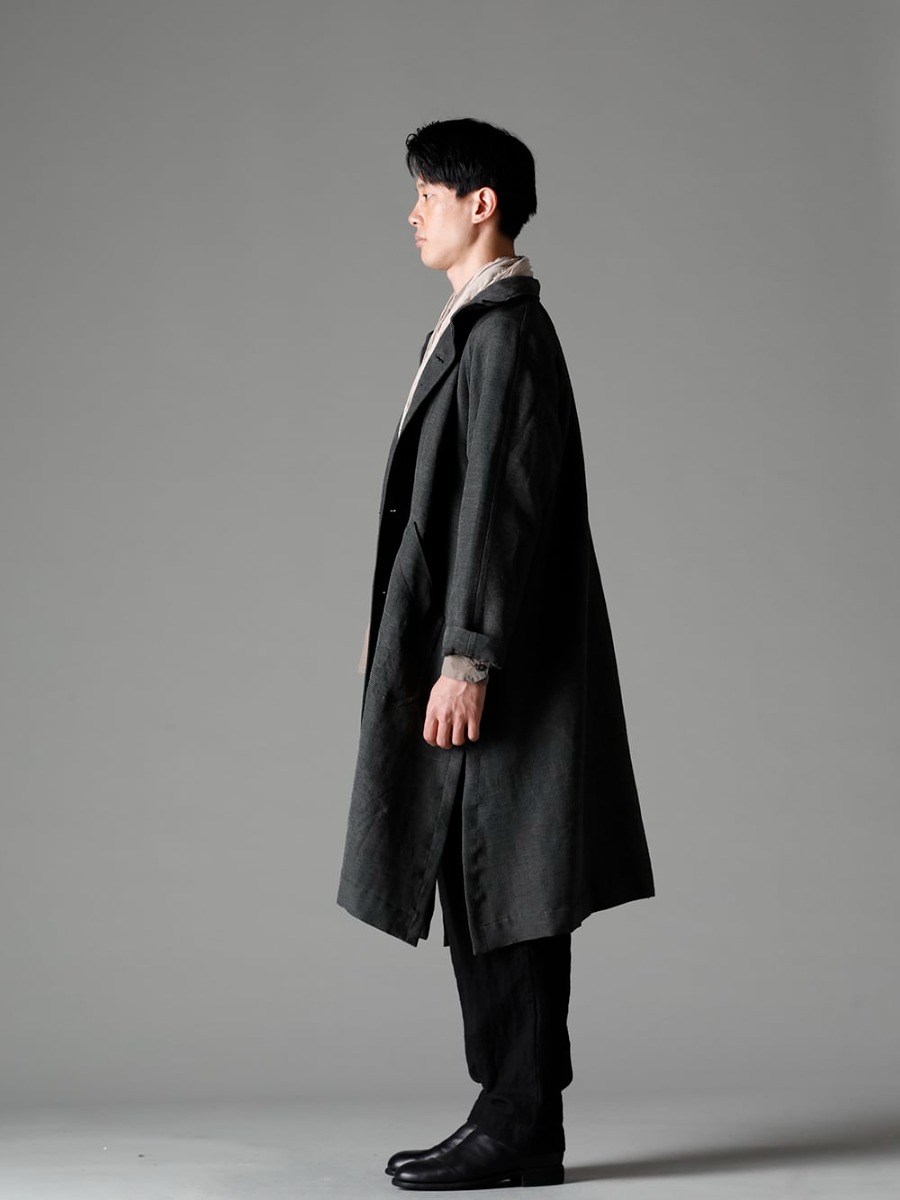 NOUSAN(ノウザン) 22-23AW(秋冬)  寒い季節に活躍間違いなしのコート - plow-heavy-silk ヘビーシルク A-ライン ラグランコート - Shirt-a-Tamamushi 玉虫 シャツ - villa-b-22-23aw ワイド イージー パンツ - 988X バックジップミドルブーツ - ホースフルグレインレザー - 988X - scarf-Beige リネンストール ベージュ 1-002