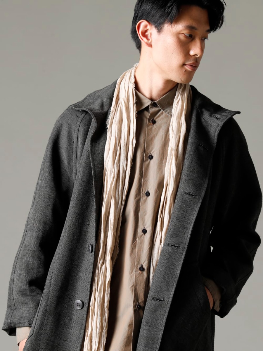 NOUSAN(ノウザン) 22-23AW(秋冬) オリジナルファブリックが輝く -  plow-heavy-silk ヘビーシルク A-ライン ラグランコート - Shirt-a-Tamamushi 玉虫 シャツ - scarf-Beige リネンストール ベージュ