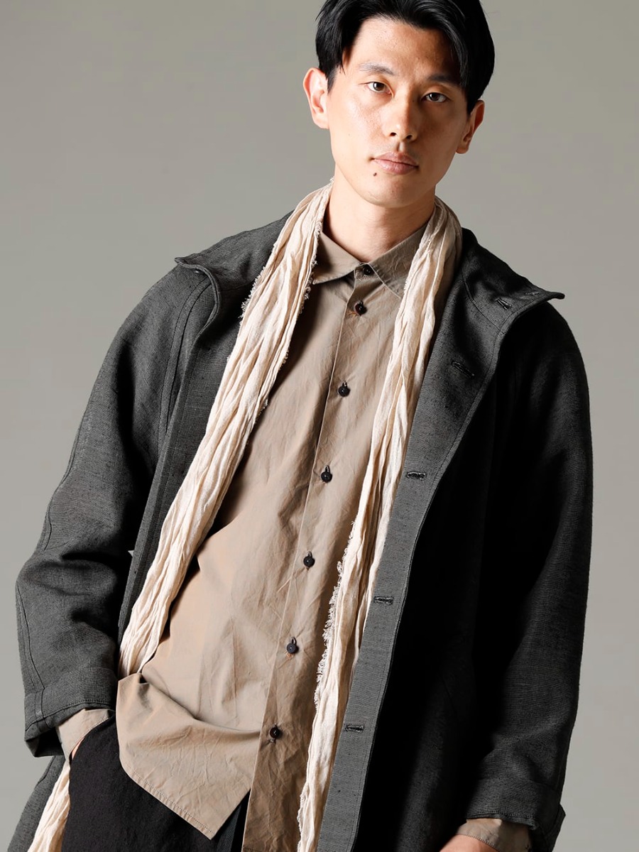 NOUSAN(ノウザン) 22-23AW(秋冬) 冬のファッションに少しアクセントを - plow-heavy-silk ヘビーシルク A-ライン ラグランコート - Shirt-a-Tamamushi 玉虫 シャツ - scarf-Beige リネンストール ベージュ 3-001