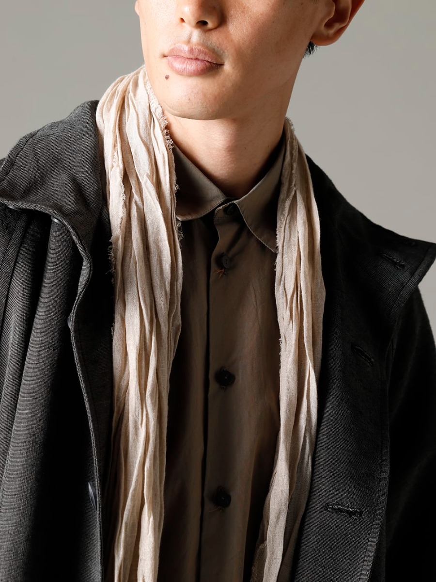 NOUSAN(ノウザン) 22-23AW(秋冬) 冬のファッションに少しアクセントを - plow-heavy-silk ヘビーシルク A-ライン ラグランコート - Shirt-a-Tamamushi 玉虫 シャツ - scarf-Beige リネンストール ベージュ 3-002