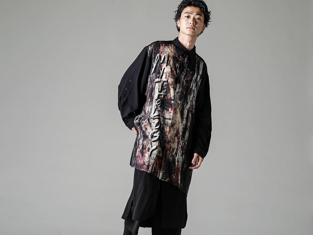 Yohji Yamamoto-ヨウジヤマモト 22-23AW(秋冬) プリントシャツ 袖のシルエットで遊べるニューディテールシャツ -  HZ-B86-830-異炭柄袖ベルト付きサイドスリットブラウス