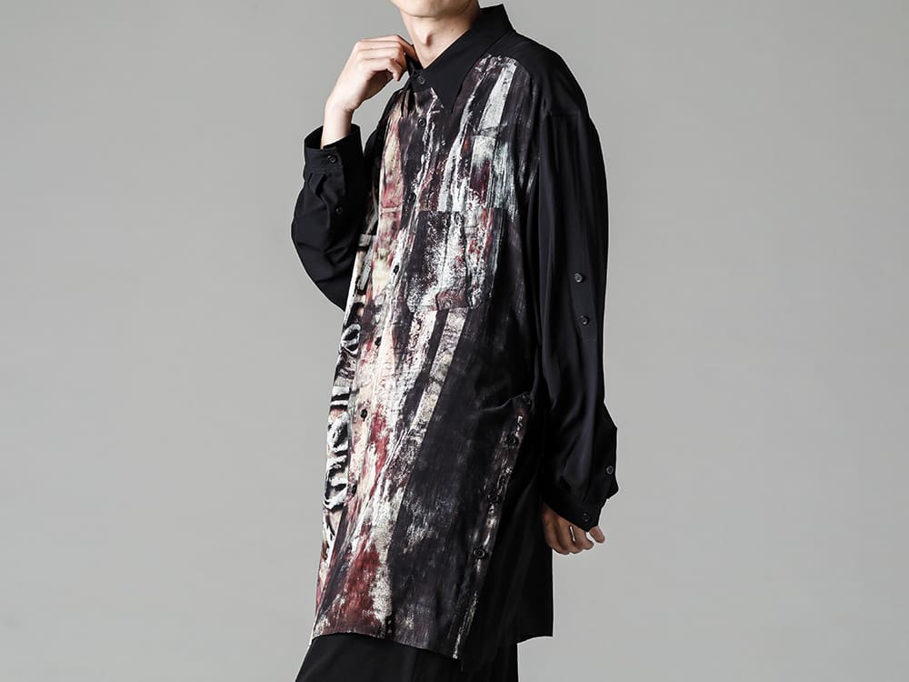 Yohji Yamamoto-ヨウジヤマモト 22-23AW(秋冬) 袖のシルエットで遊べるニューディテールシャツ  - HZ-B86-830-異炭柄袖ベルト付きサイドスリットブラウス 2-002