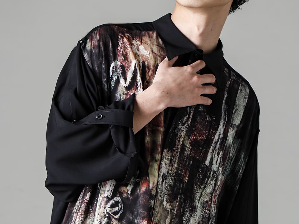 Yohji Yamamoto-ヨウジヤマモト 22-23AW(秋冬) 袖のシルエットで遊べるニューディテールシャツ  - HZ-B86-830-異炭柄袖ベルト付きサイドスリットブラウス 2-004