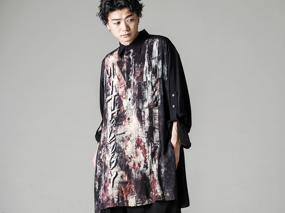 Yohji Yamamoto-ヨウジヤマモト 22-23AW(秋冬) 袖のシルエットで遊べるニューディテールシャツ  - HZ-B86-830-異炭柄袖ベルト付きサイドスリットブラウス 2-005