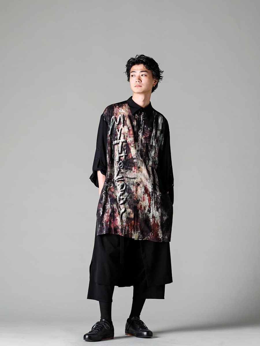Yohji Yamamoto-ヨウジヤマモト 22-23AW(秋冬) ライトウェイトなタキシード生地を使用した春夏ラップパンツ - HZ-B86-830-異炭柄袖ベルト付きサイドスリットブラウス - HZ-P16-500-スタンダードラップパンツ - Handsewn-Classic-Lo-ハンドソーン クラシック ロー 3-005