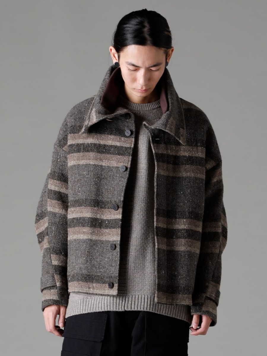 DEVOA 22-23AW Harmony of balance between design and fabric atmosphere  - JKI-CBS High neck jacket striped wool KTS-MLP-Melange-Gray Pullover Knit Merino Wool Melange Gray 2-001