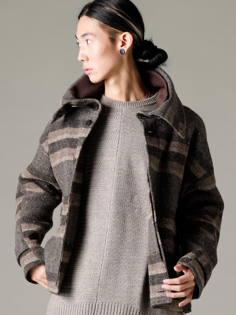 DEVOA 22-23AW Harmony of balance between design and fabric atmosphere  - JKI-CBS High neck jacket striped wool KTS-MLP-Melange-Gray Pullover Knit Merino Wool Melange Gray 2-005