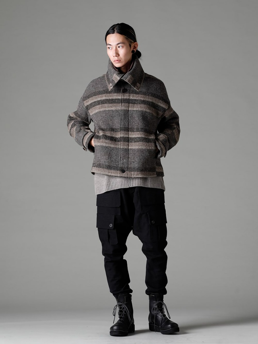 DEVOA 22-23AW JKI-CBS High neck jacket striped wool KTS-MLP-Melange-Gray Pullover Knit Merino Wool Melange Gray PTN-LCG-Black Cargo Pants Cotton/Linen Black FW-LMMLeather boots