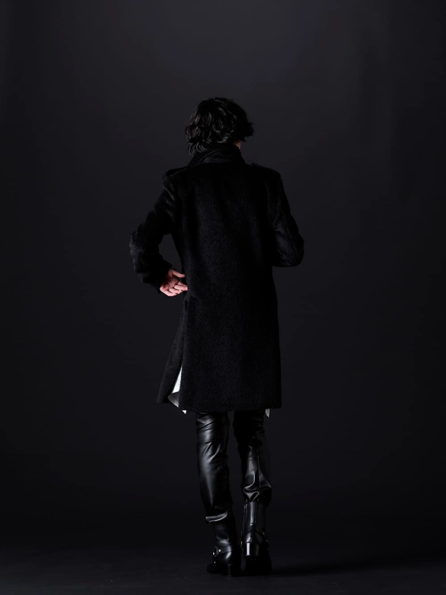 kiryuyrik / JULIUS / GalaabenD 2022-23AW - Styling with elegance in a well-designed piece - KO-HJ29-105-black(Alpaca Shaggy Single Napoleon Jacket Black) KO-HB20-906-white(Crazy Pattern Stoal Shirts White) 807PAM8(Synthetic Leather Pleather Indirect Pants) 87115902(Harness Ring Boots) - 1-004