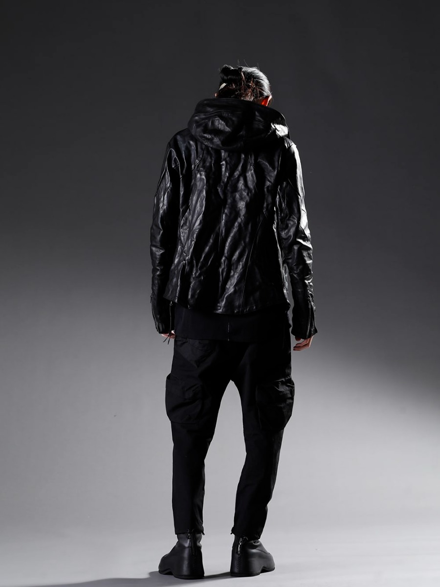 The Viridi-anne D.HYGEN  22-23AW スタイリング Masculine styling with recommended items - ST105-0222A-Black Horse Leather Hooded Double-Riders Jacket Black VI-3541-01-Black Nylon Spandex Jersey Crewneck L/S Black VI-3509-04-Black Tactical Pants Black VI-3554-09 Inheel Boots 1-002