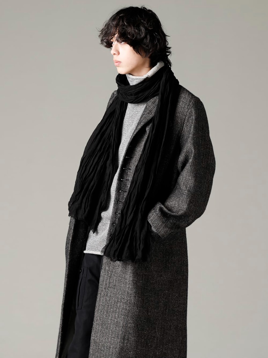 KLASICA 22-23AW Produced by brushing up on past items  - 22C-38LCT-SIGLO Old Coat - Classic Herring Bone - TTC-wmpl-Grey-Beige Italy MAPEL Wool Knit Bottle Neck Grey - Beige - scarf-Black Linen Stole Black 2-001