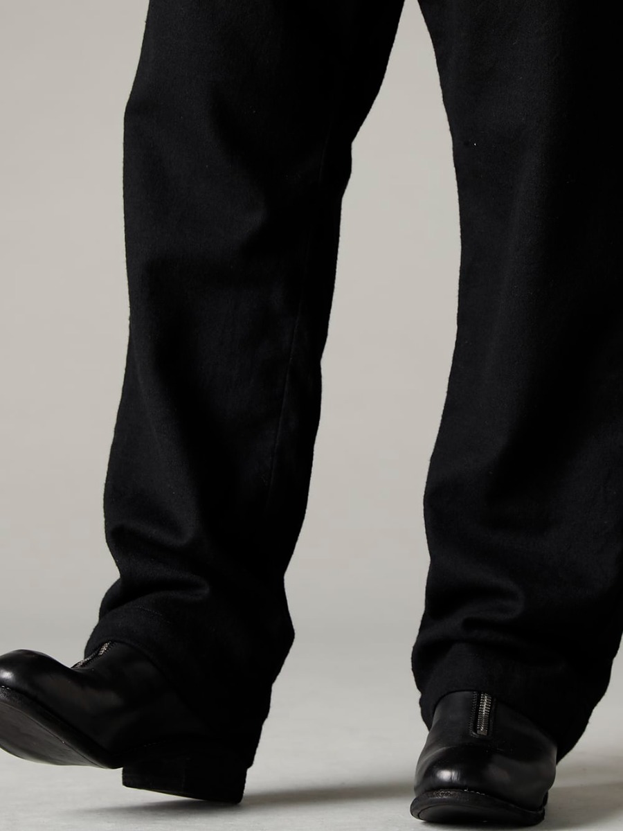 Garment Reproduction of Workers(ガーメント リプロダクション オブ ワーカース) 22-23AW(秋冬) スタンダードアイテムで統一感を演出  - Farmers-Trousers-Wool-Black ファーマーズ トラウザー ウール ブラック - PL1 フロントジップブーツ ダブルソール - ホース フルグレイン レザー 2-003